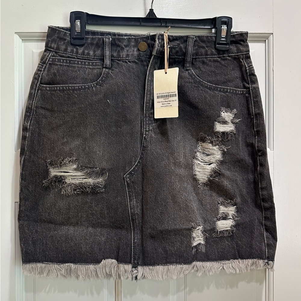 Joyfolie Miajoy Abilene Washed Black Denim Mini Skirt Distressed Sz 27